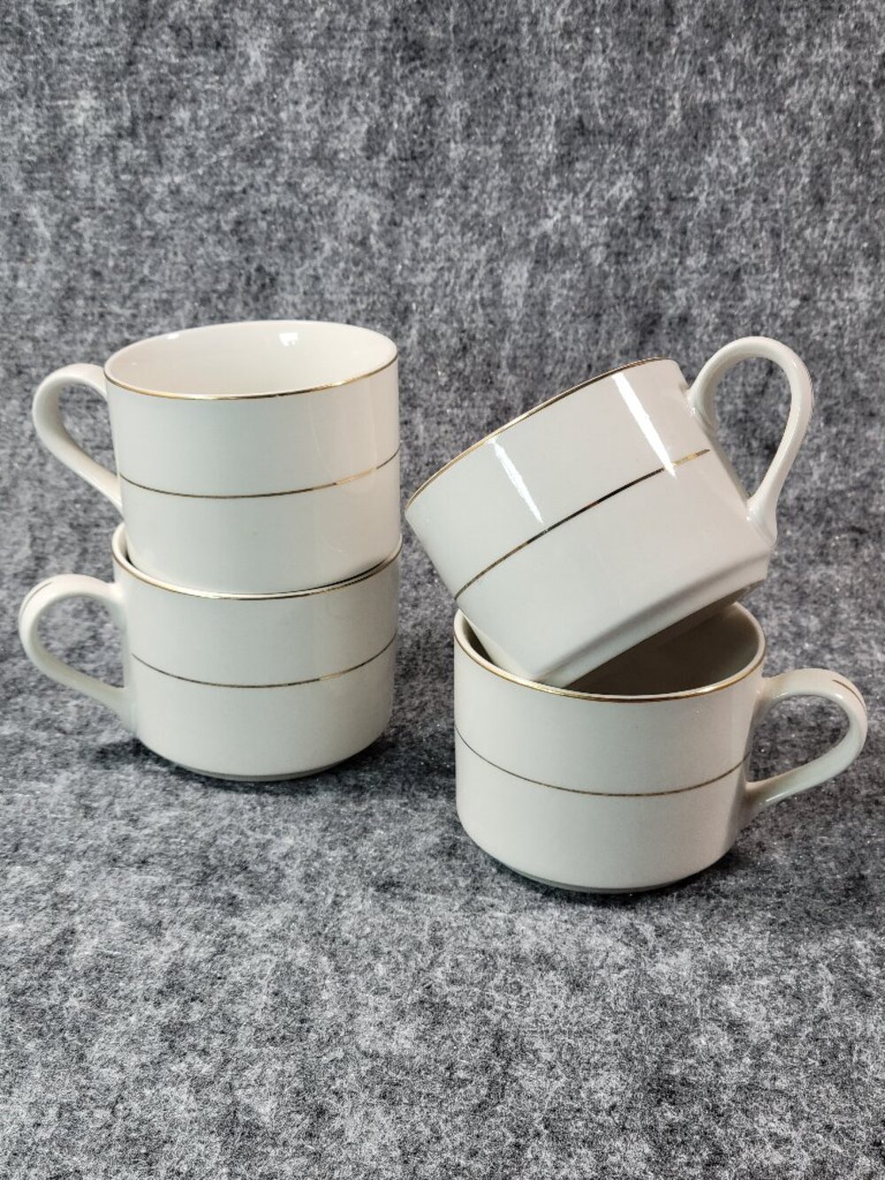 Ciera Fine Dinnerware China White Flat Tea Coffee Cup Gold Trim Set-of-4